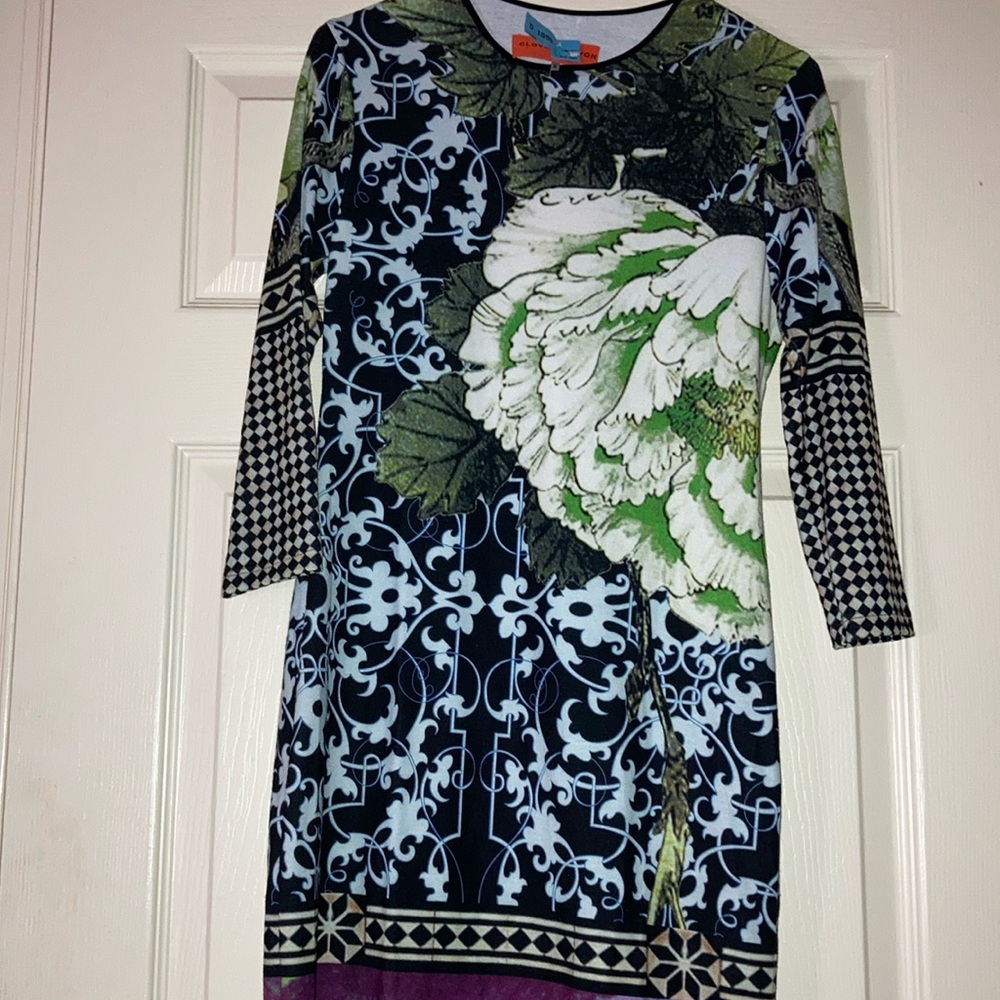 Sz-M-3/4 length sleeve, Multi-Color, Abstract, knee above the knee dress